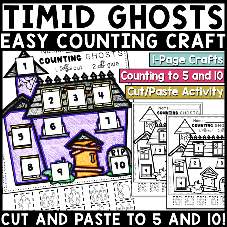Ten Timid Ghosts Halloween haunted house counting craft printable for preschool and kindergarten