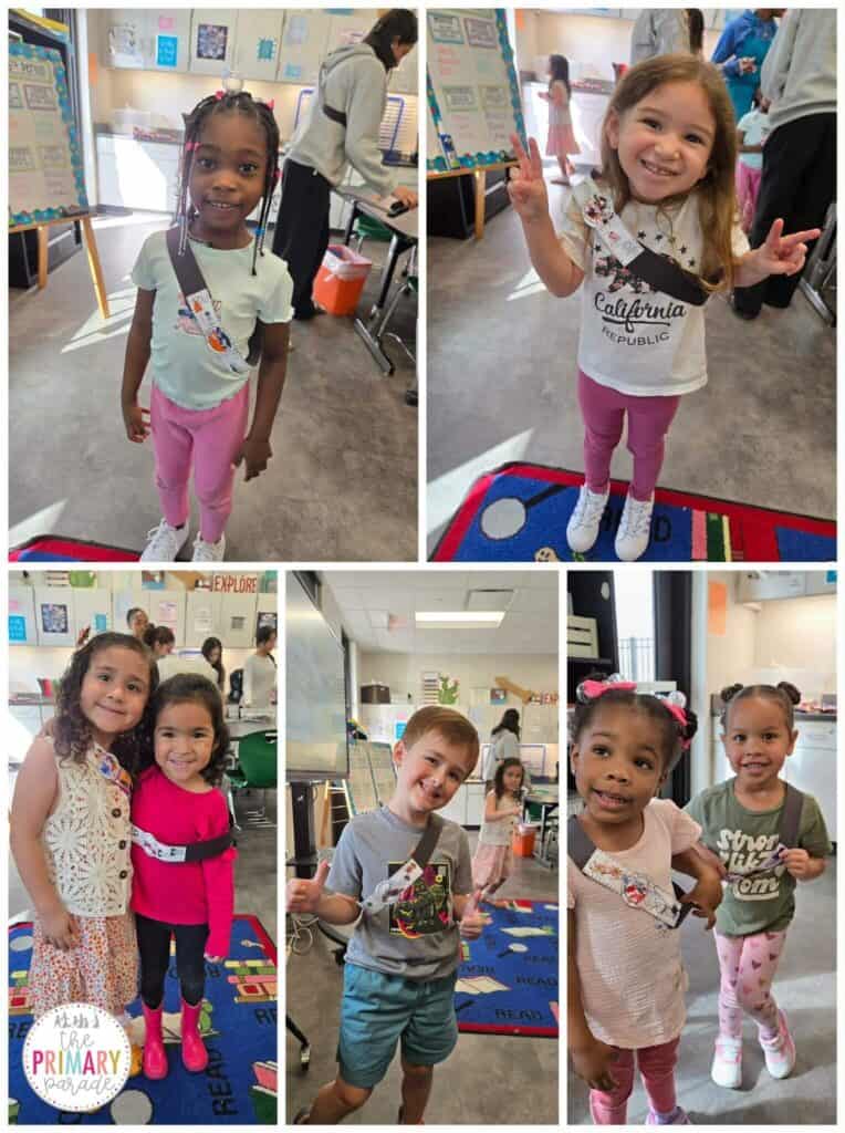 Kids wearing seatbelt safety craft in classroom activity