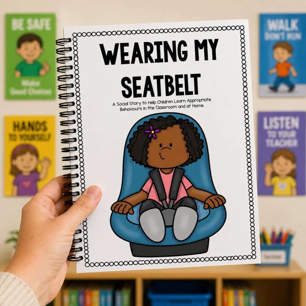 Seatbelt social story for kids printable showing a child wearing a seatbelt in a car seat