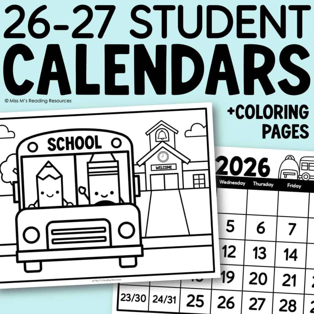 2026-2027 student calendar printables with school-themed coloring pages for elementary students