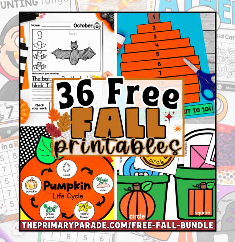 36 free fall printables for preschool and kindergarten including fall math, literacy, pumpkin life cycle, counting, and fine motor activities