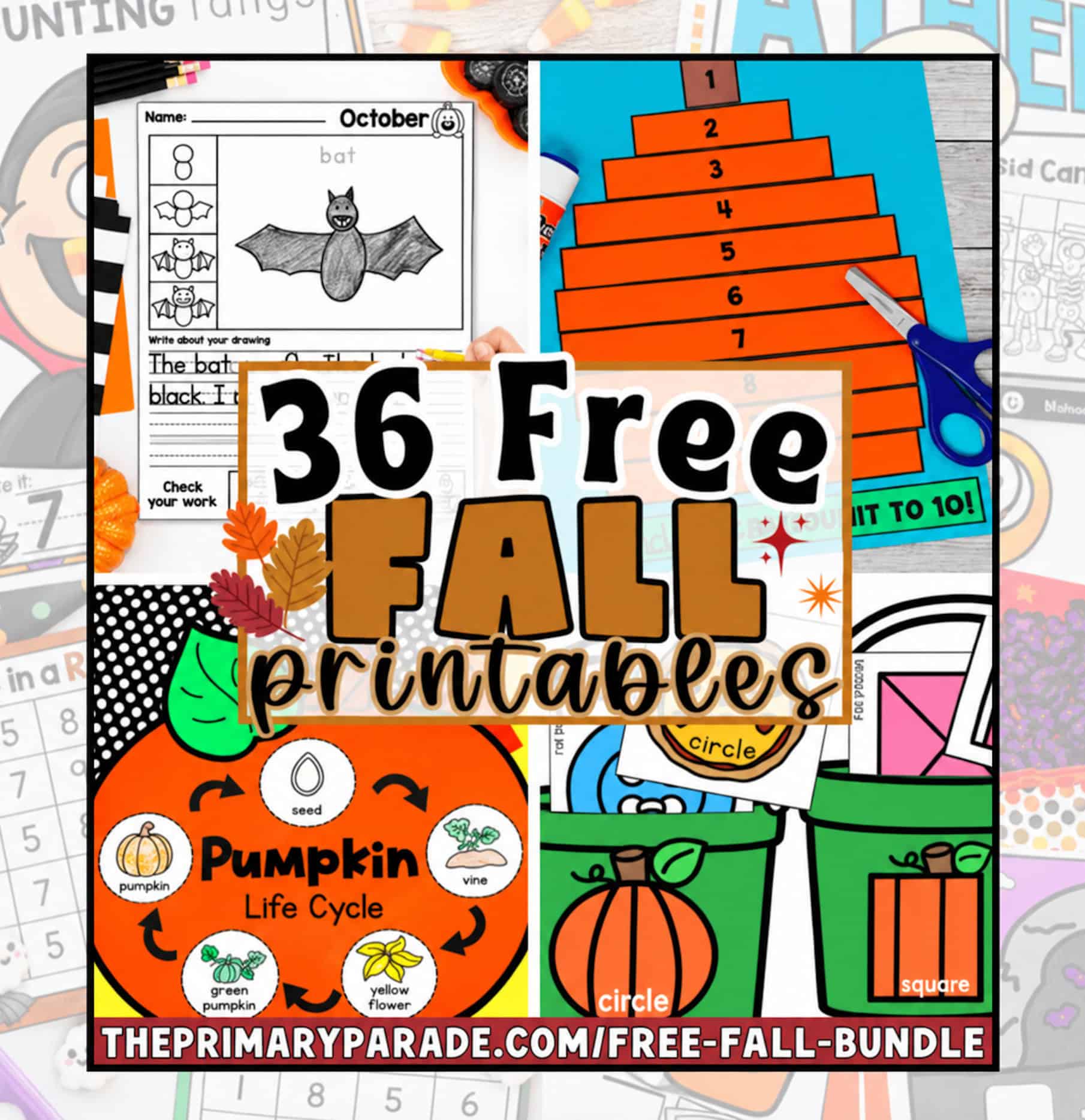 36 free fall printables for preschool and kindergarten including fall math, literacy, pumpkin life cycle, counting, and fine motor activities