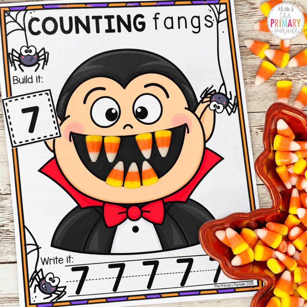 Halloween counting activity for preschool and kindergarten using candy corn fangs to practice number recognition, counting, and number writing.