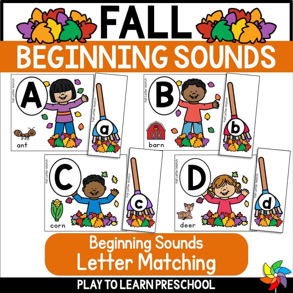 Fall beginning sounds activity for preschool and kindergarten with alphabet letter matching cards