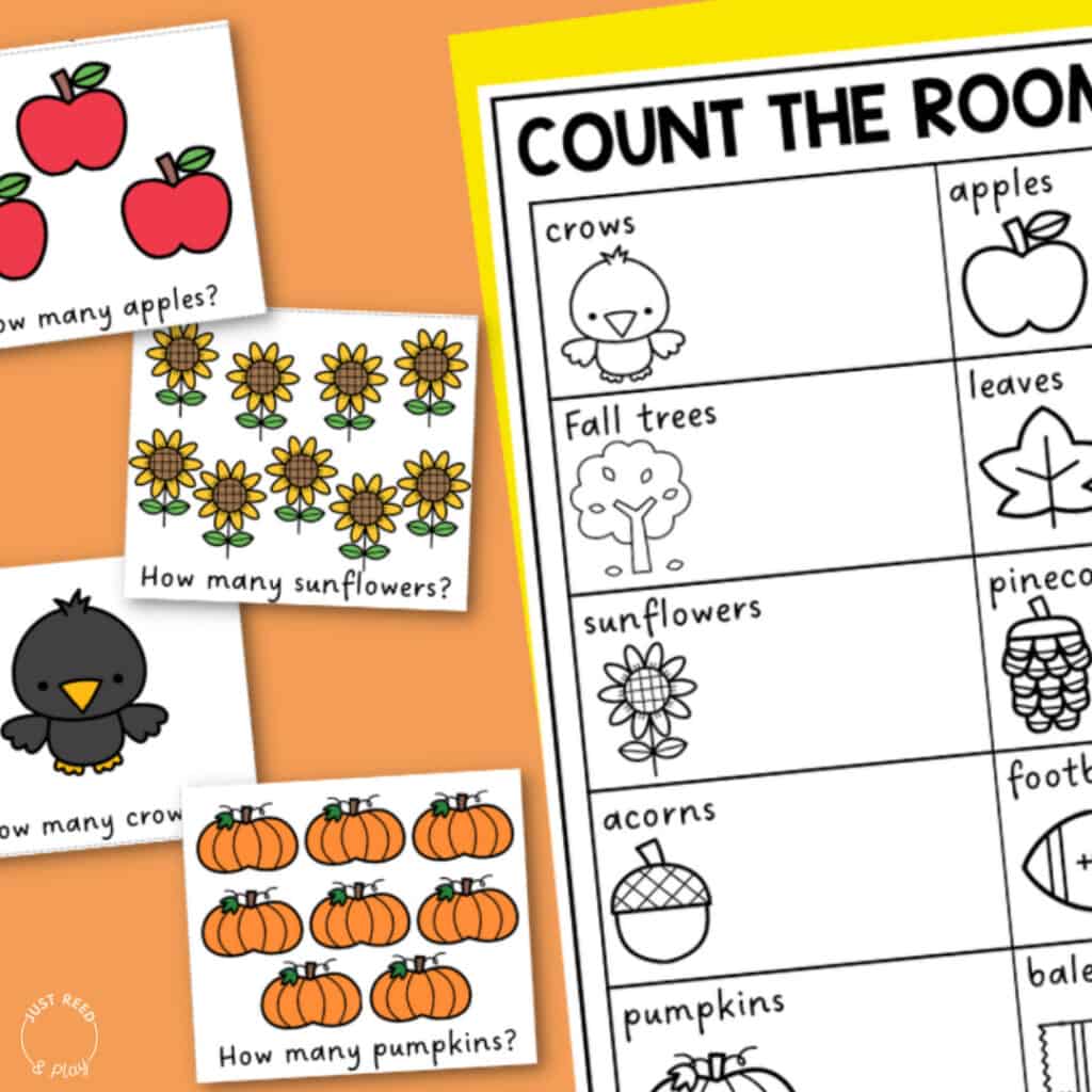 Fall count the room math activity with counting cards featuring apples, sunflowers, crows, and pumpkins