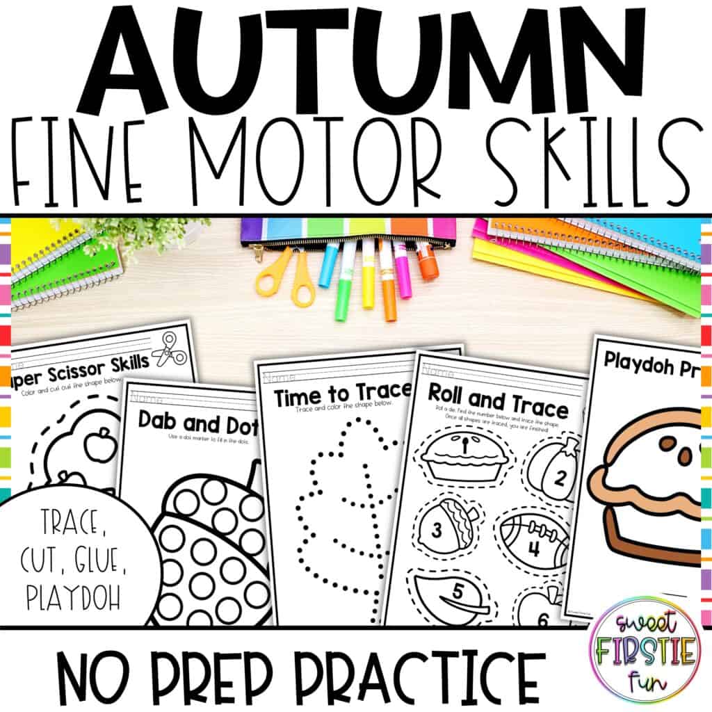 Fall fine motor activities with tracing, cutting, dot marker, and playdough practice