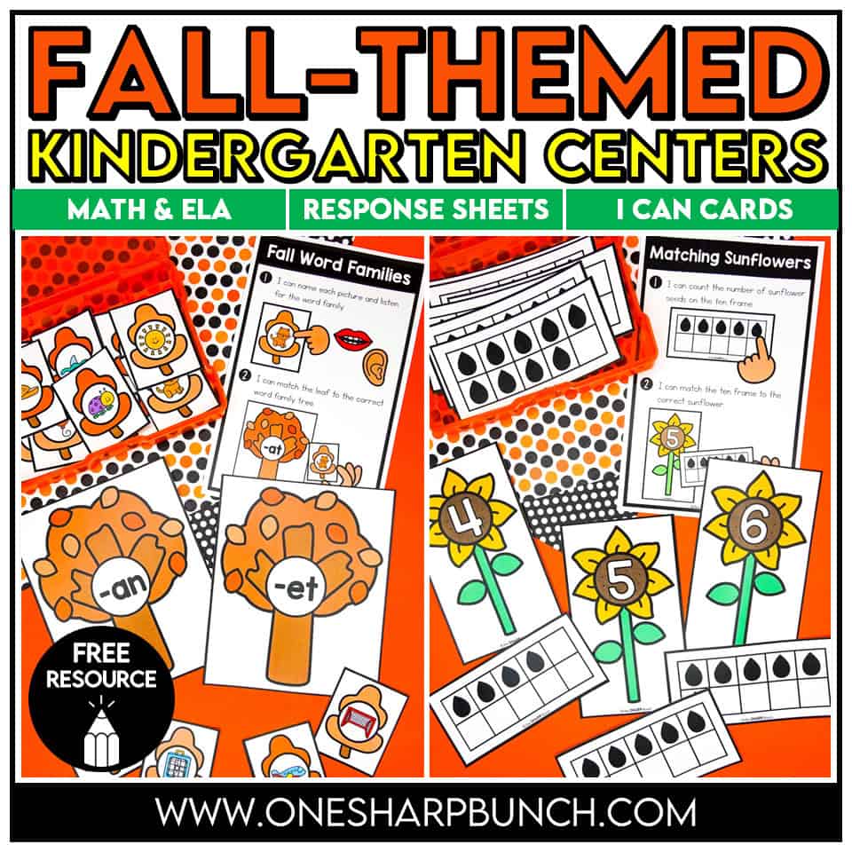Fall kindergarten math and literacy centers with word family and ten frame number matching activities