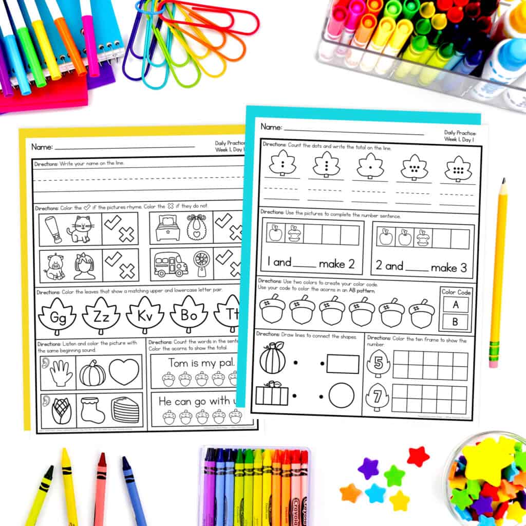 Fall kindergarten morning work worksheets with math, phonics, rhyming, beginning sounds, letters, and counting practice