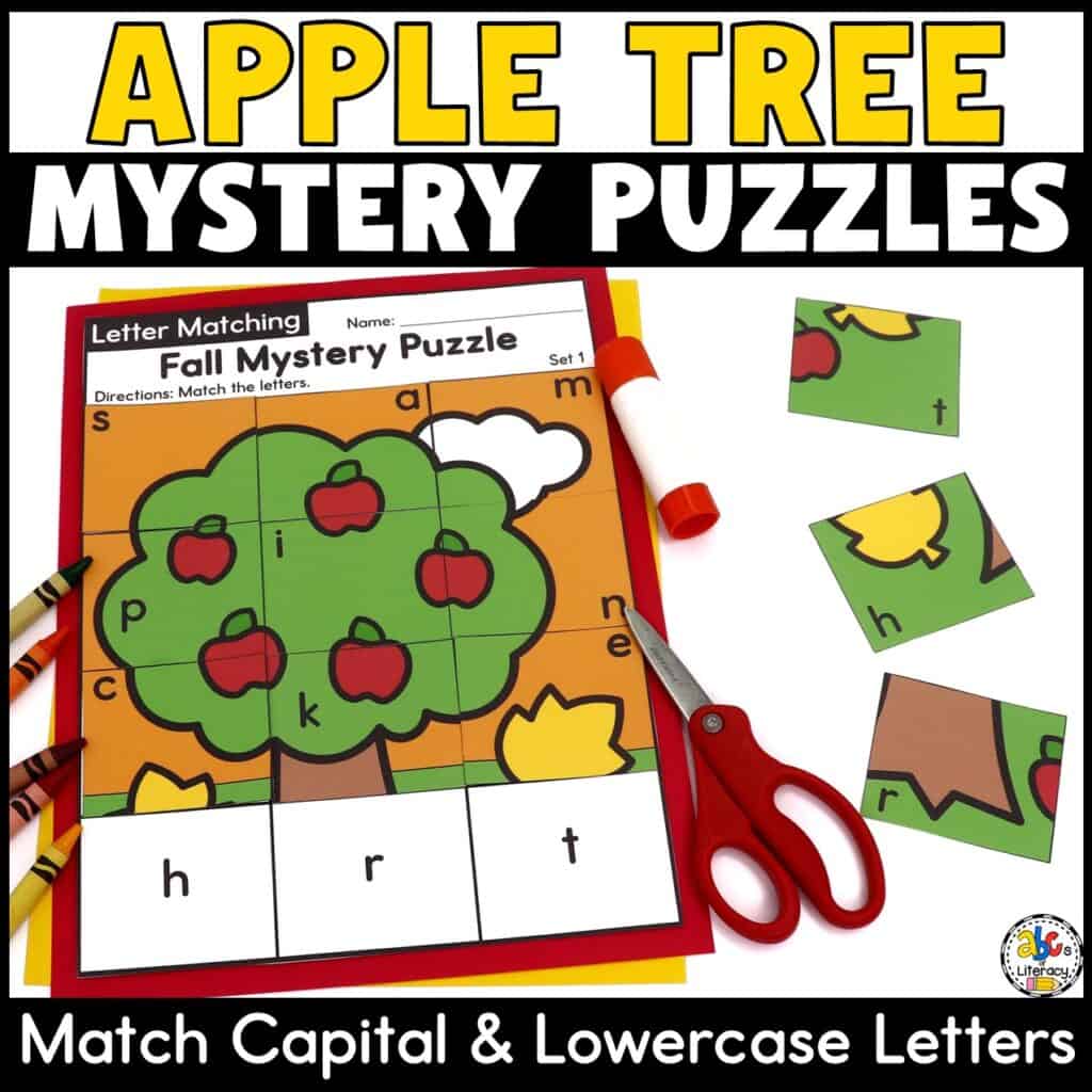 Fall apple tree letter matching mystery puzzle for uppercase and lowercase letter practice