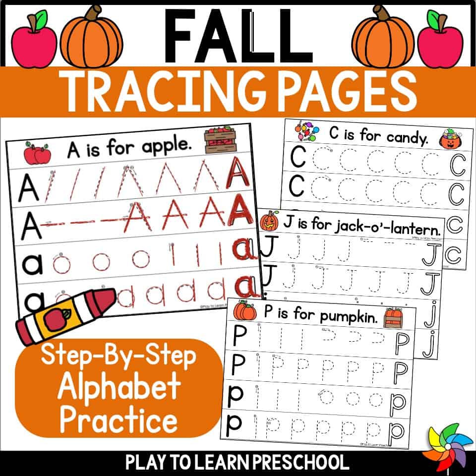 Fall letter tracing worksheets for preschool with uppercase and lowercase alphabet handwriting practice
