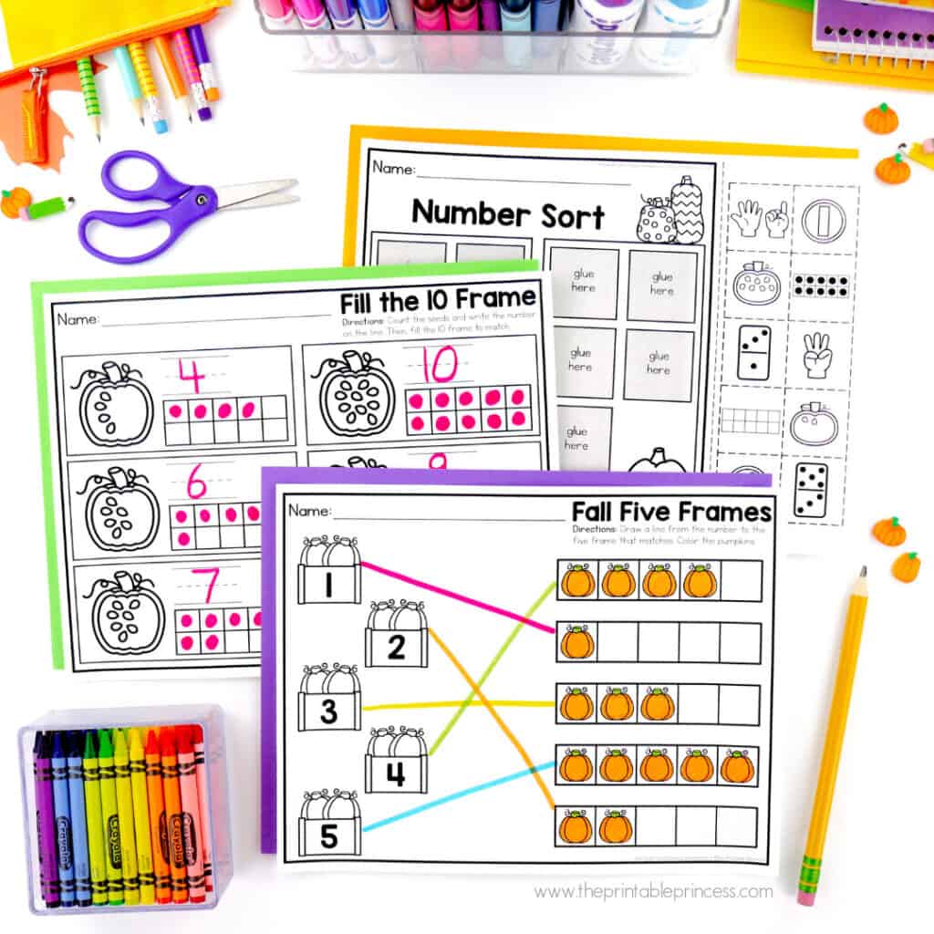 Fall math worksheets for kindergarten with pumpkin number sorting, ten frames, and five frame activities