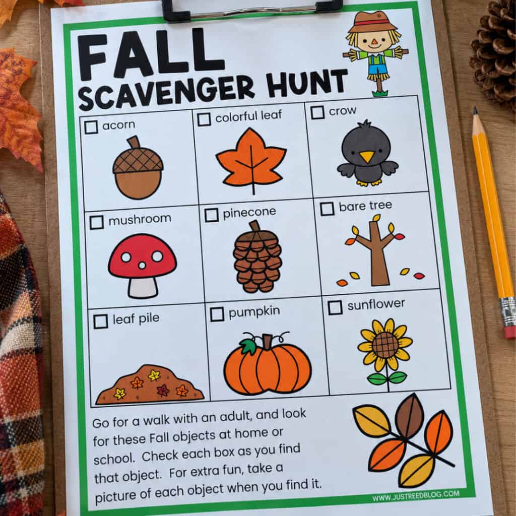 Fall scavenger hunt for kids with pictures of acorns, leaves, pumpkins, pinecones, sunflowers, and other fall objects