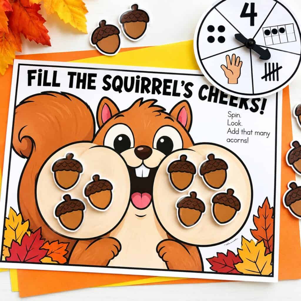 Fall squirrel counting activity with acorns and number representation spinner for preschool and kindergarten
