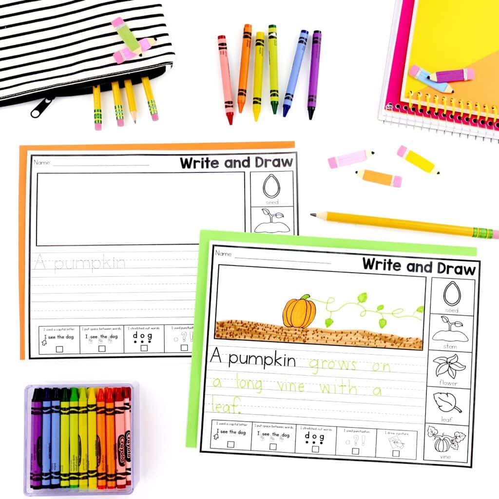 Writing ActivityFall write and draw activity for kindergarten with pumpkin vocabulary, drawing space, and beginning writing practice