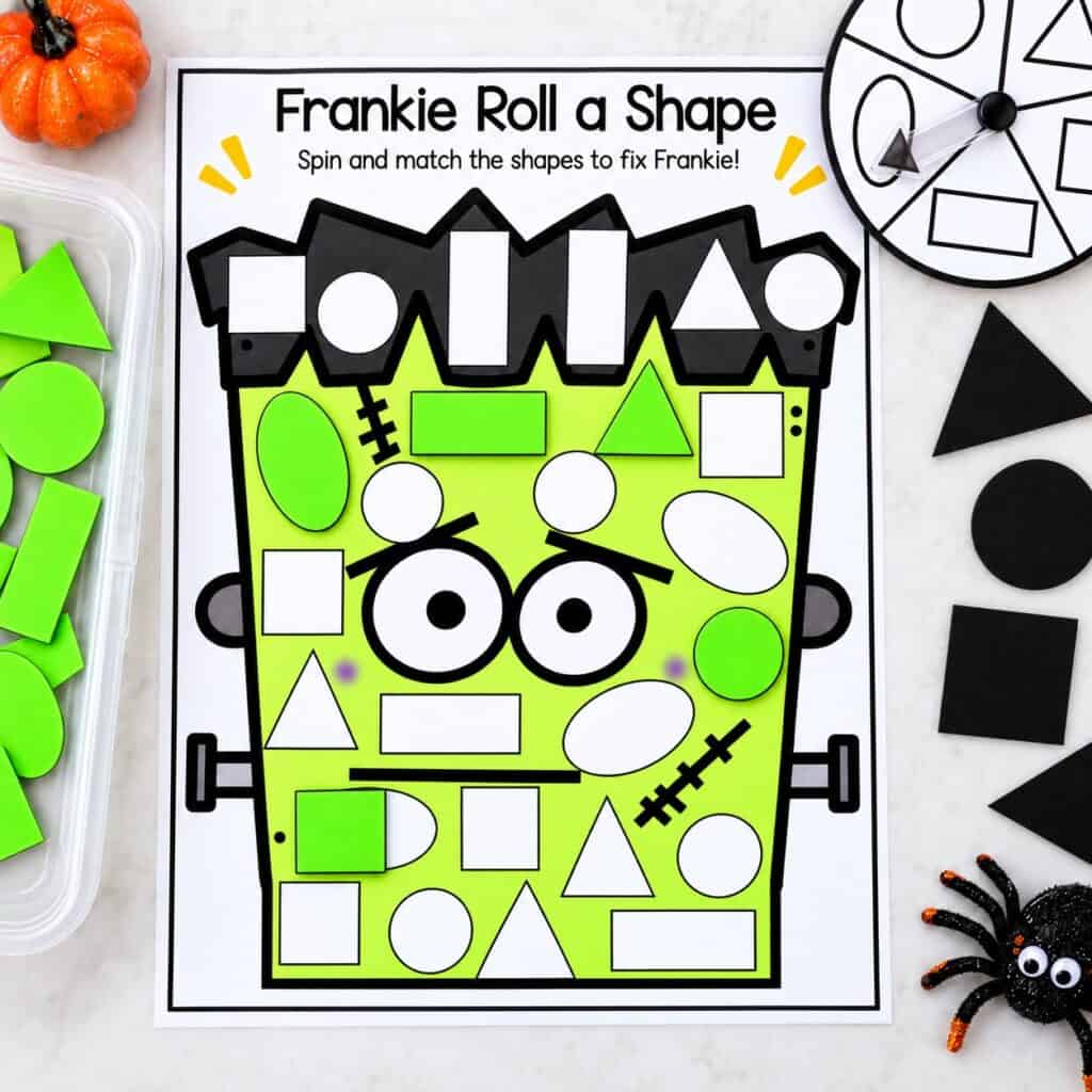 Frankenstein 2D shape matching activity with shape spinner for preschool and kindergarten