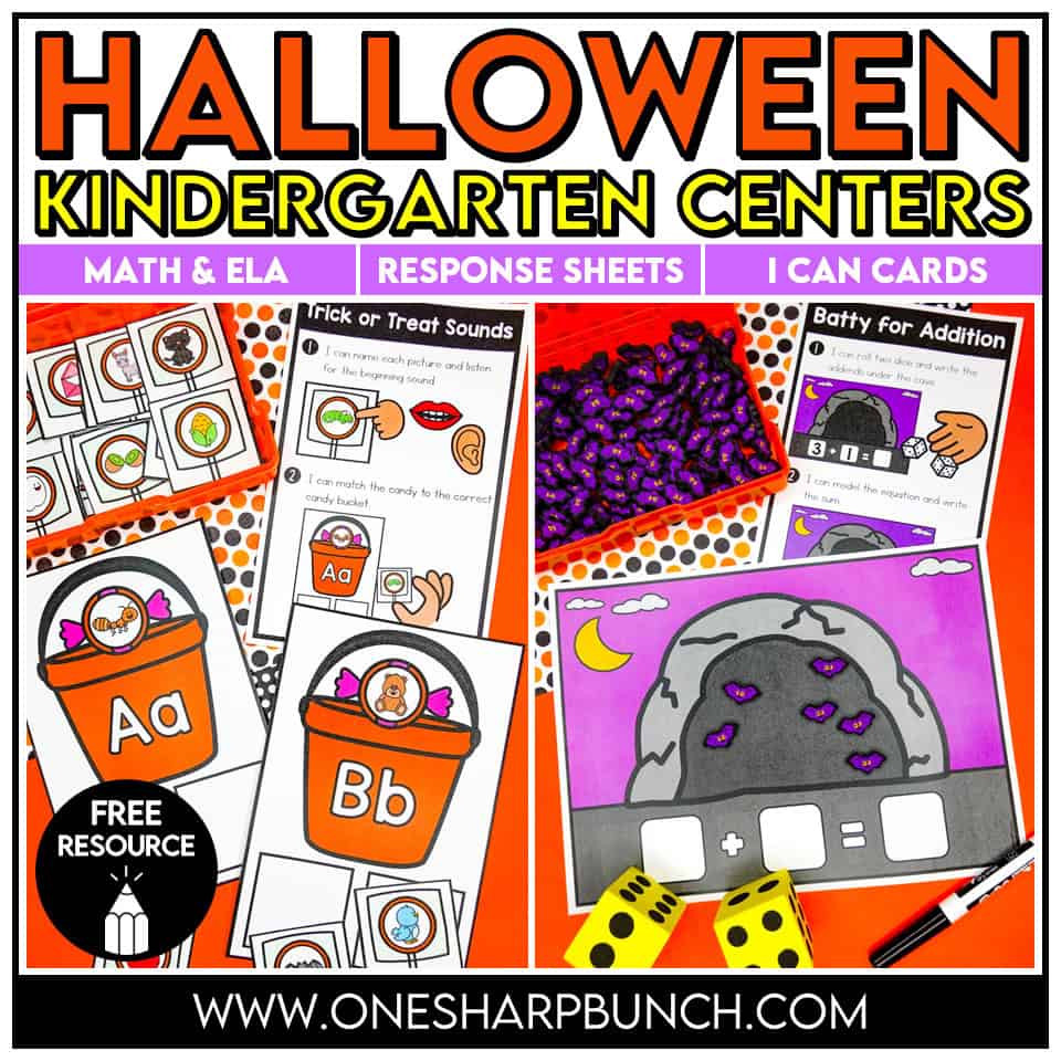 Halloween kindergarten math and literacy centers with hands-on addition and beginning sounds activities
