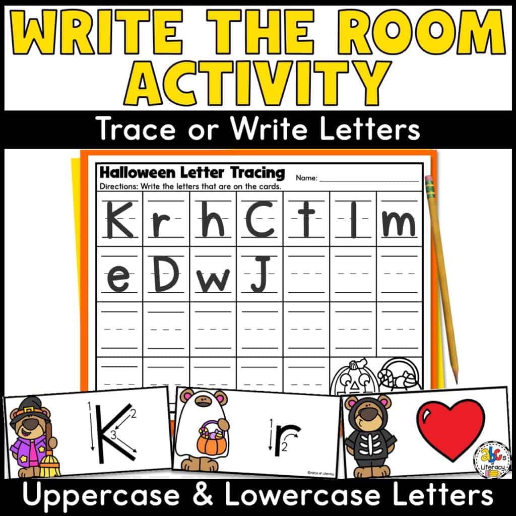 Halloween write the room activity for tracing and writing uppercase and lowercase letters