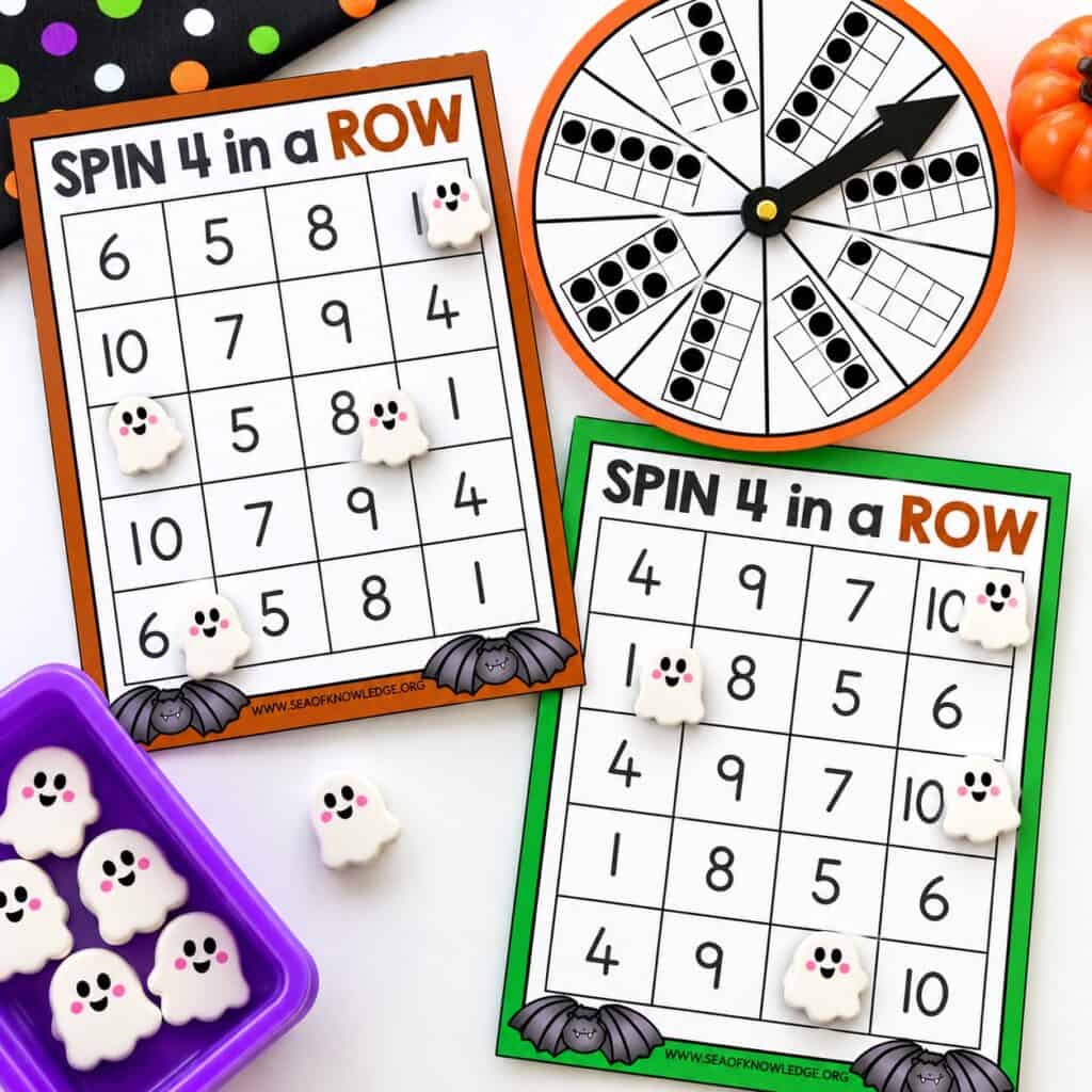 Halloween number recognition math game with ten frame spinner and four-in-a-row number activity