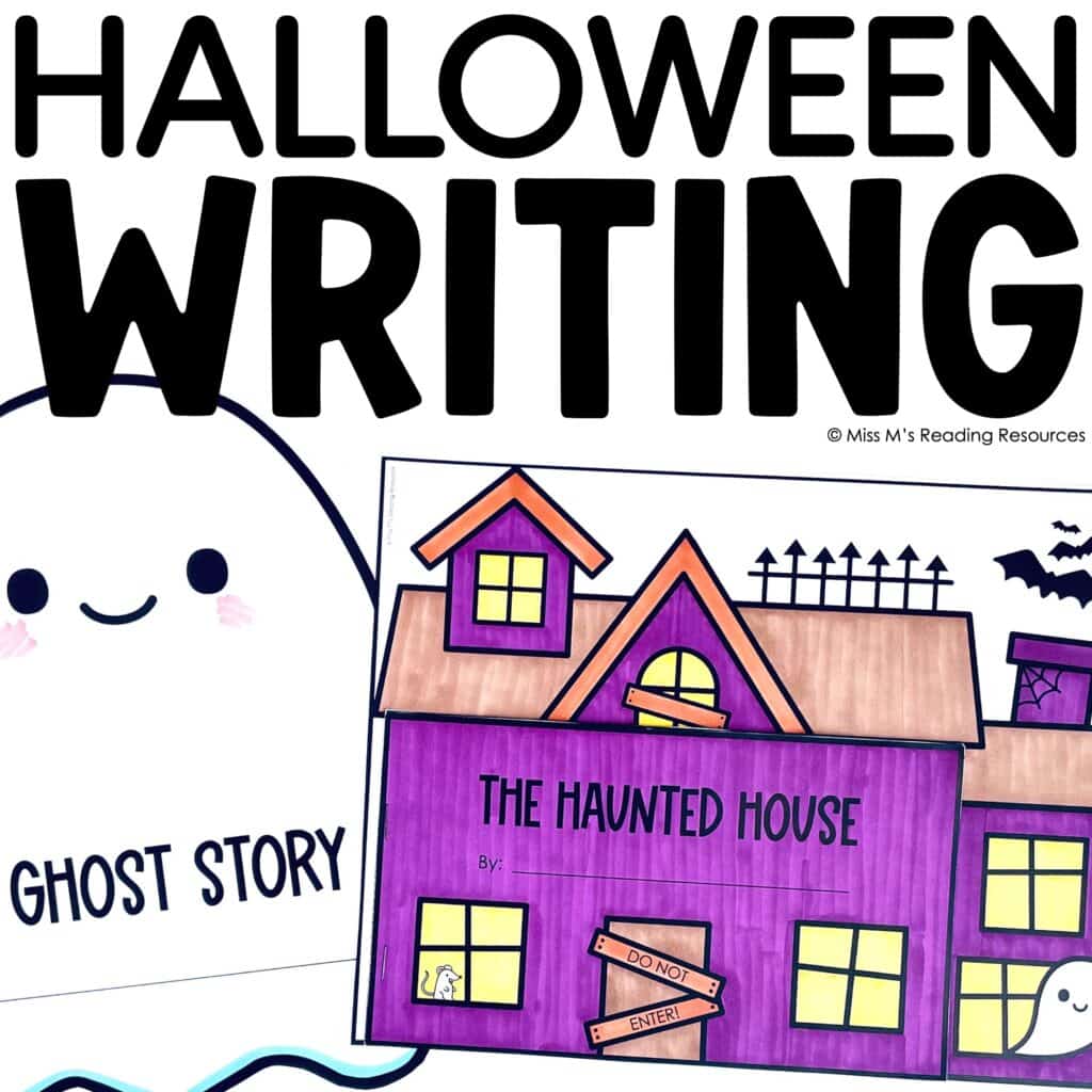 Halloween writing activity with haunted house craft and ghost story writing prompt for elementary students