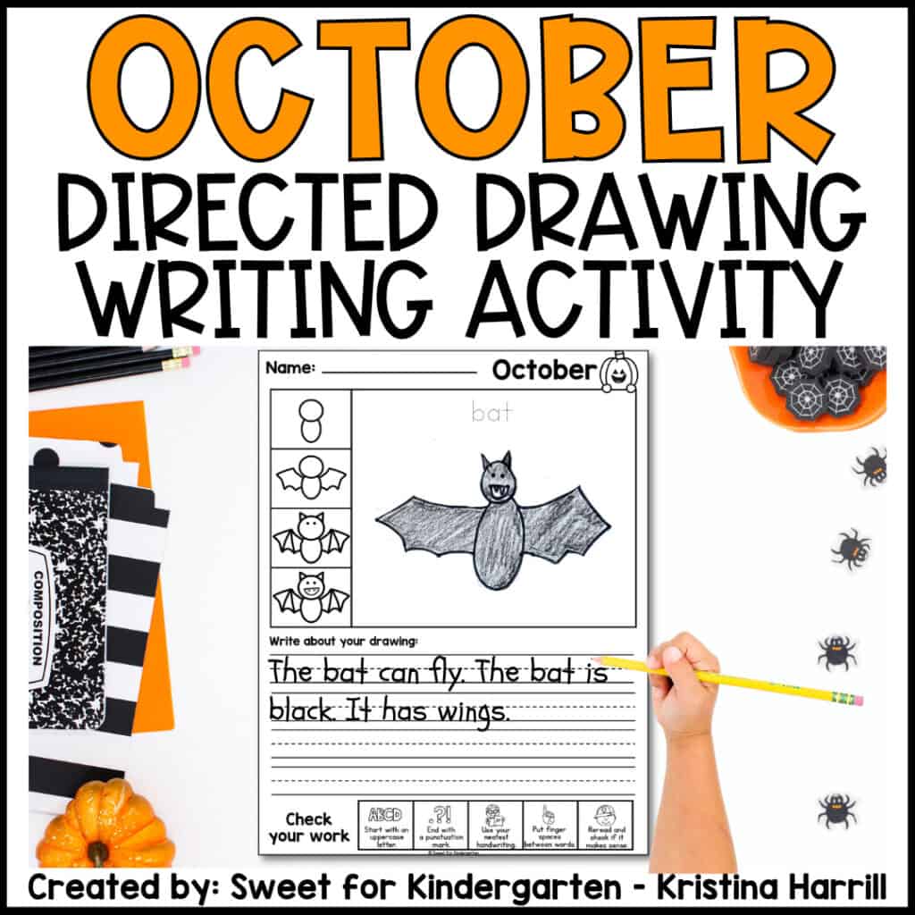 October directed drawing and writing activity featuring a step-by-step bat drawing for kindergarten