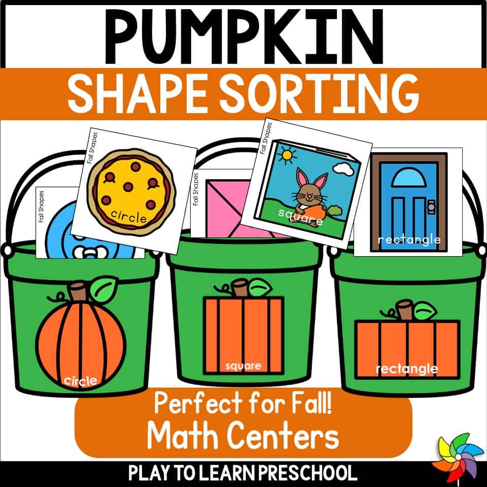 Pumpkin shape sorting activity for preschool and kindergarten math centers with circle, square, and rectangle matching