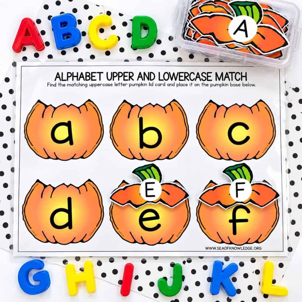 Pumpkin uppercase and lowercase letter matching activity for alphabet recognition practice