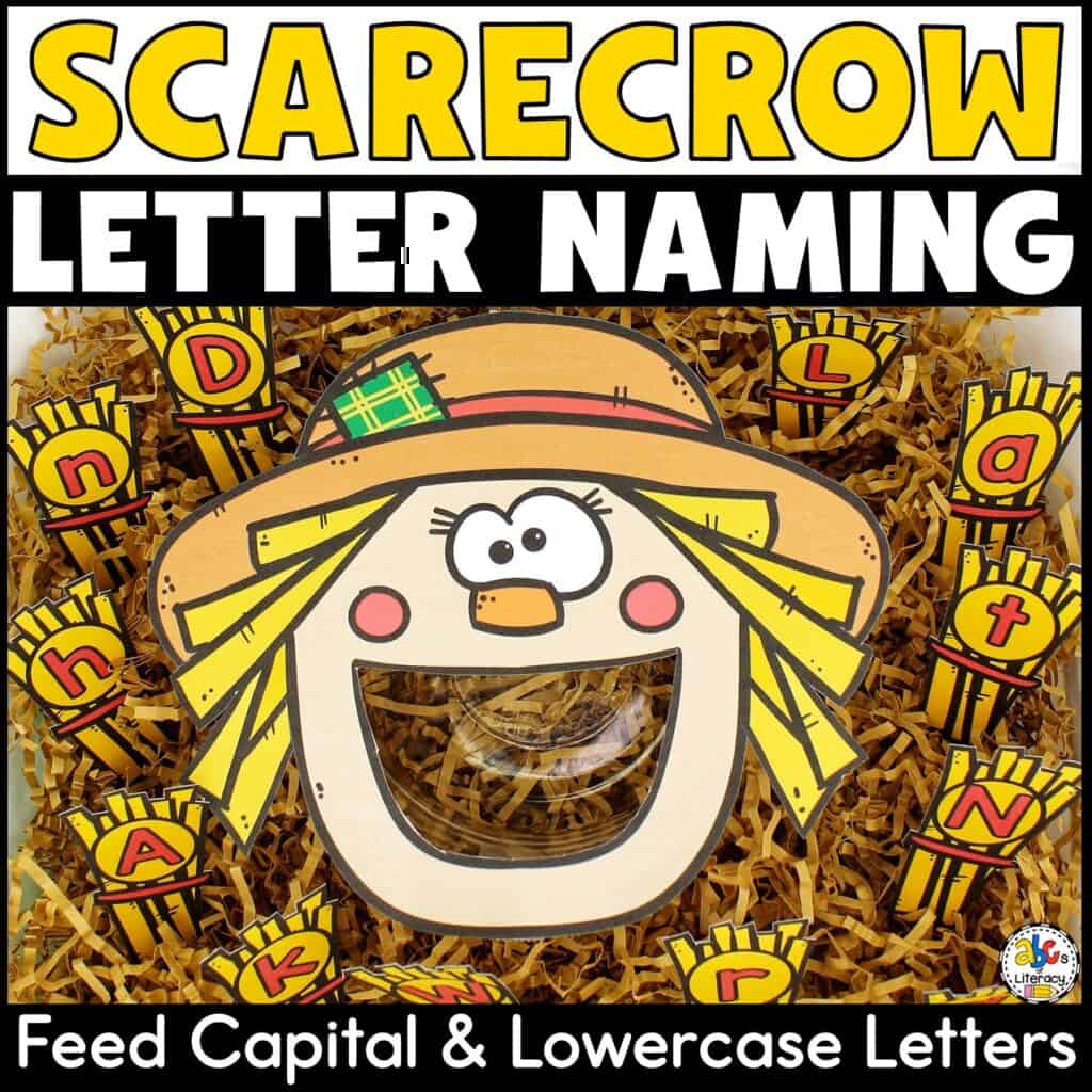 Scarecrow letter naming alphabet activity for practicing uppercase and lowercase letter recognition