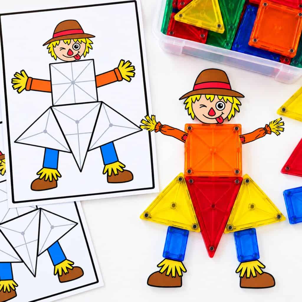 Scarecrow magnetic tile shape activity for building a scarecrow with geometric shapes