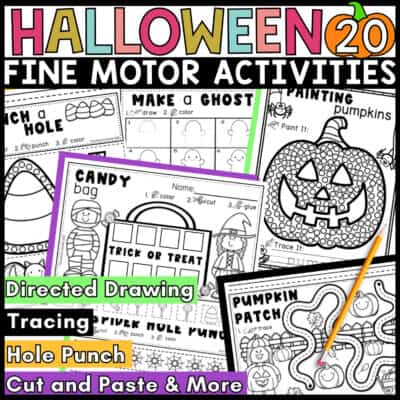 Halloween fine motor activity set showing ghost drawing, pumpkin painting, candy cut-and-paste, hole-punch, and tracing pages.