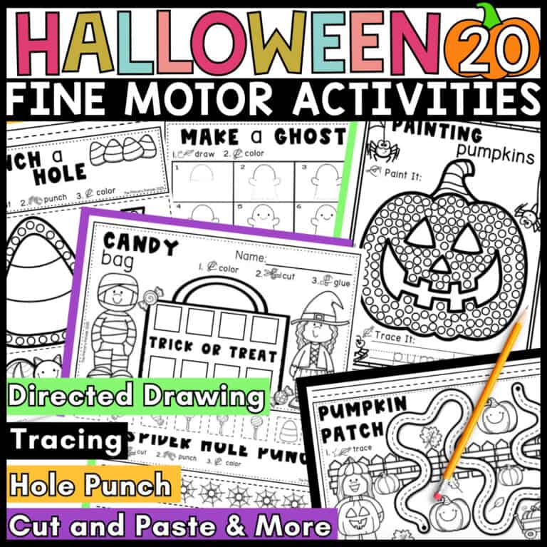 Halloween fine motor activity set showing ghost drawing, pumpkin painting, candy cut-and-paste, hole-punch, and tracing pages.