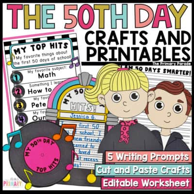 50th Day crafts and printables cover showing retro characters, a jukebox, a record, and writing worksheets.