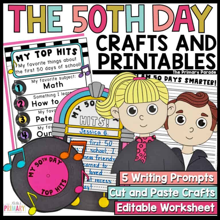 50th Day crafts and printables cover showing retro characters, a jukebox, a record, and writing worksheets.