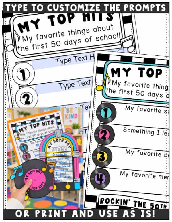 My Top Hits worksheet preview showing editable prompt fields, a completed example, and print-and-use options.