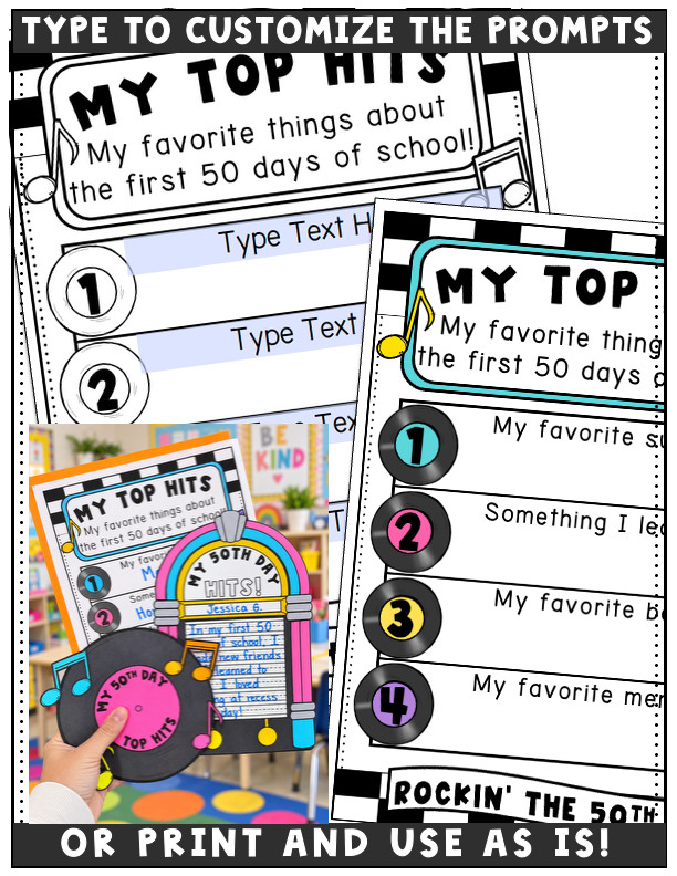 My Top Hits worksheet preview showing editable prompt fields, a completed example, and print-and-use options.