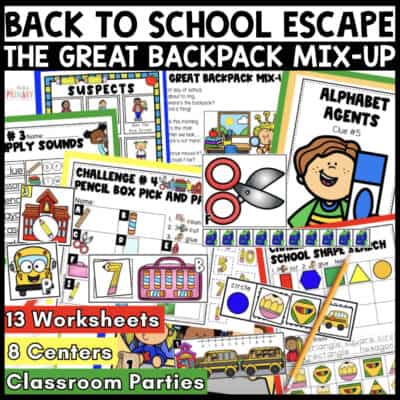 Back to school escape room kindergarten printable math and literacy activities, centers and worksheets.