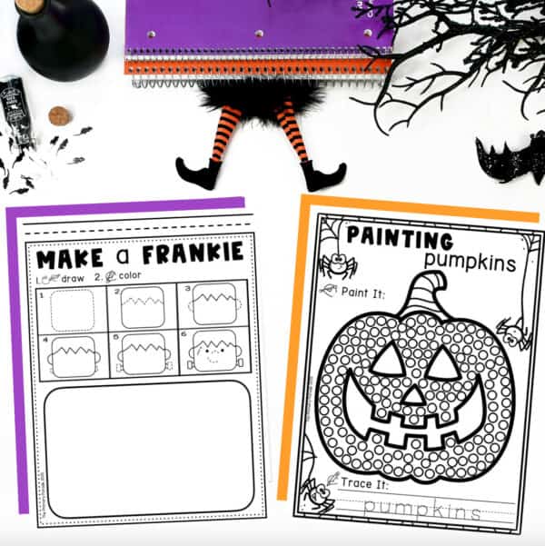 Make a Frankie step-by-step drawing worksheet beside a jack-o’-lantern dot-painting page with the word pumpkins to trace.