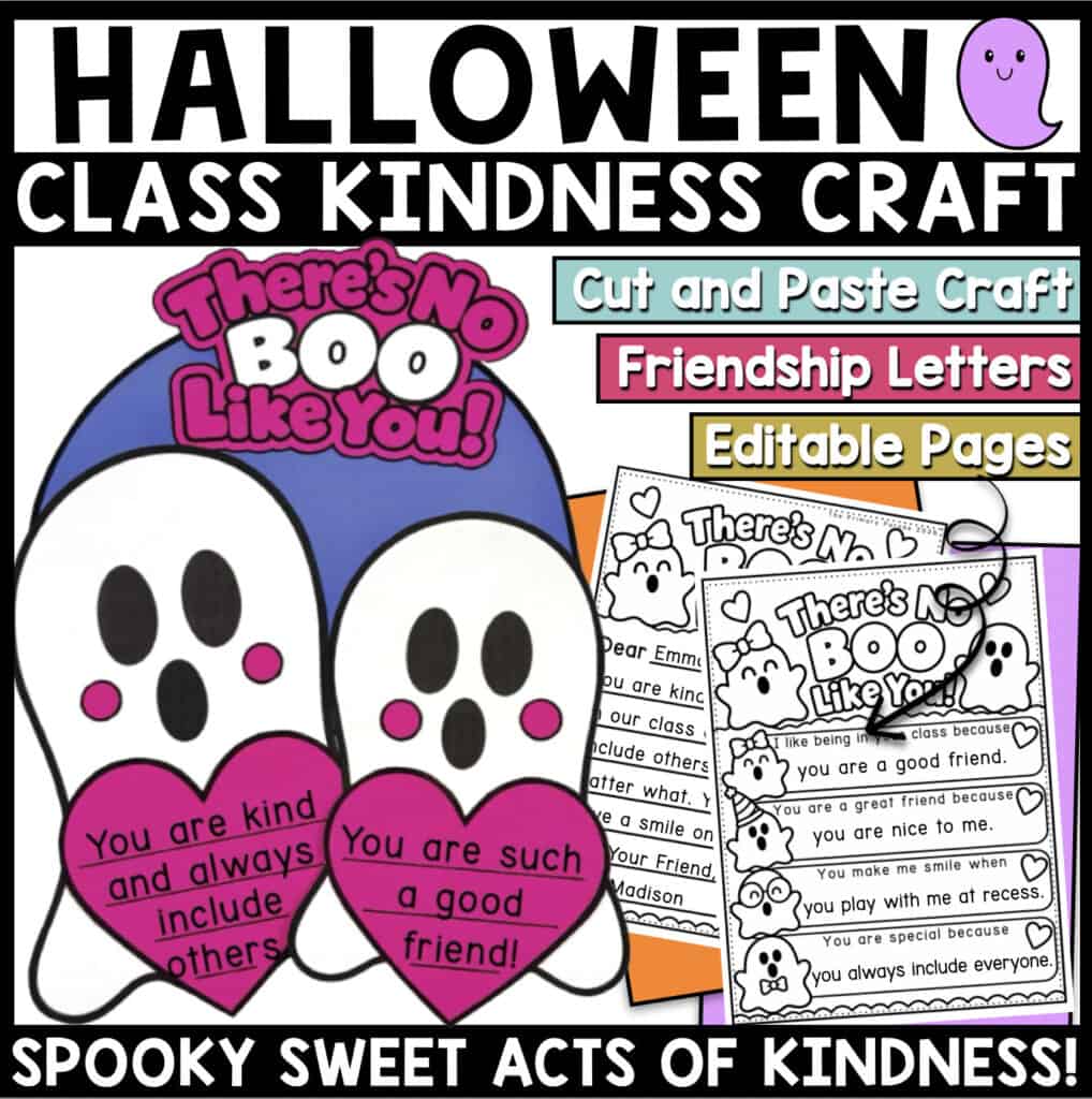 Halloween ghost kindness craft with two white ghosts holding pink compliment hearts for kindergarten and first grade