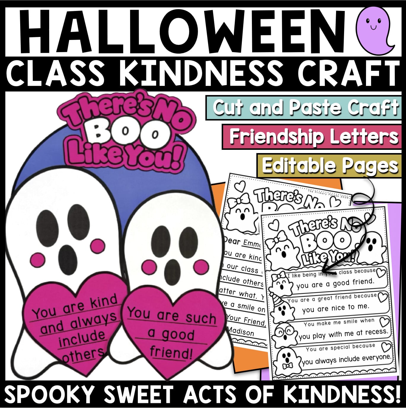 Halloween ghost kindness craft with two white ghosts holding pink compliment hearts for kindergarten and first grade