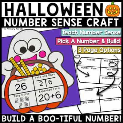Halloween math craft showing a ghost holding a pumpkin basket with base ten blocks for kindergarten and first grade place value and number sense