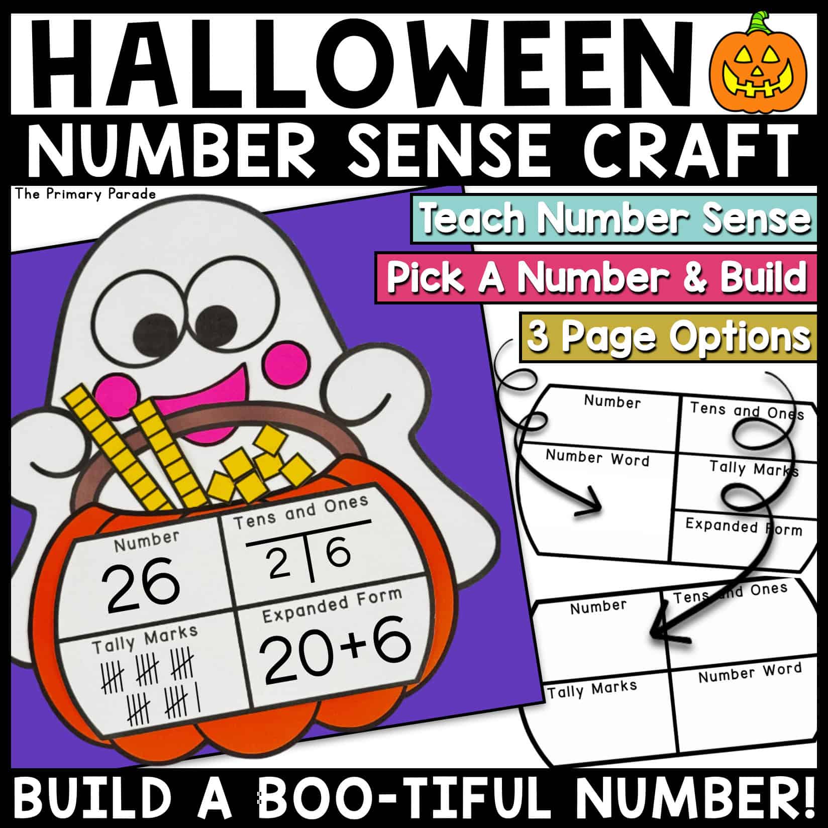 Halloween math craft showing a ghost holding a pumpkin basket with base ten blocks for kindergarten and first grade place value and number sense