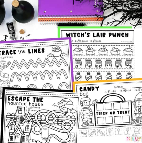 Halloween worksheets with tracing lines, a haunted-house tracing path, Witch’s Lair hole-punch strips, and a trick-or-treat candy bag.