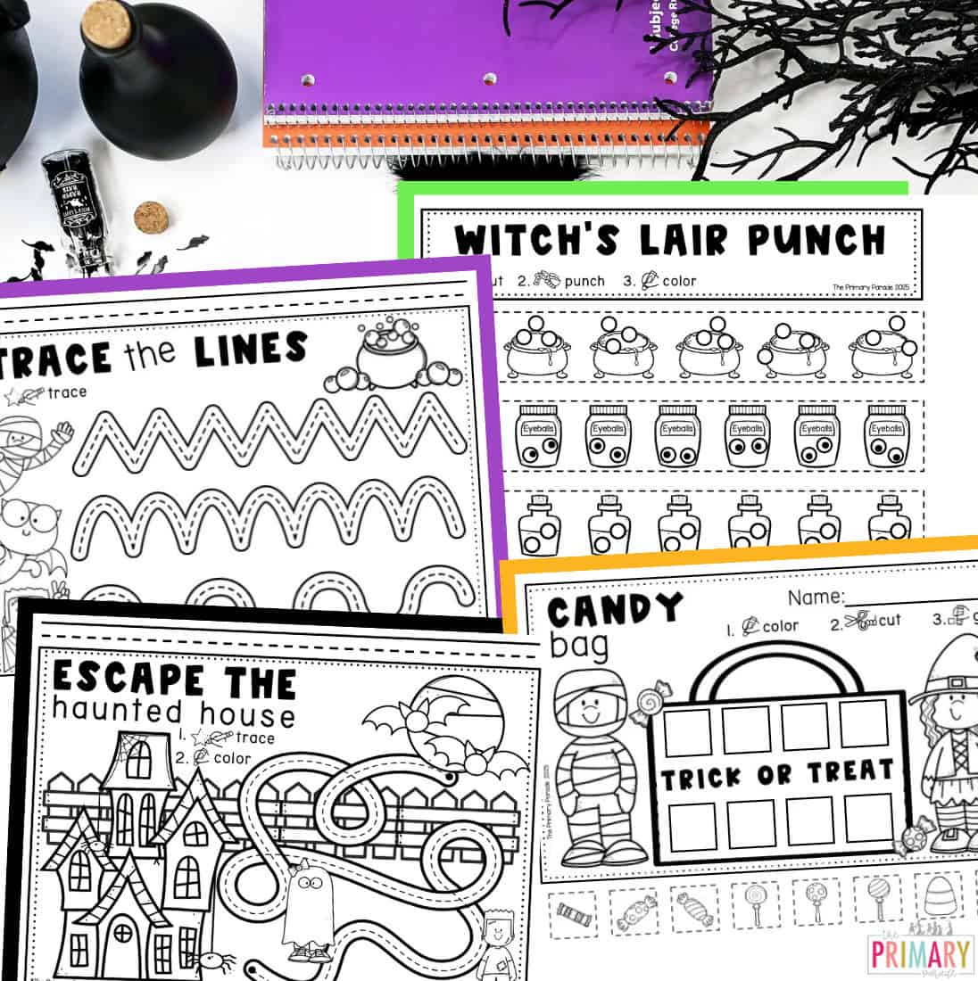 Halloween worksheets with tracing lines, a haunted-house tracing path, Witch’s Lair hole-punch strips, and a trick-or-treat candy bag.