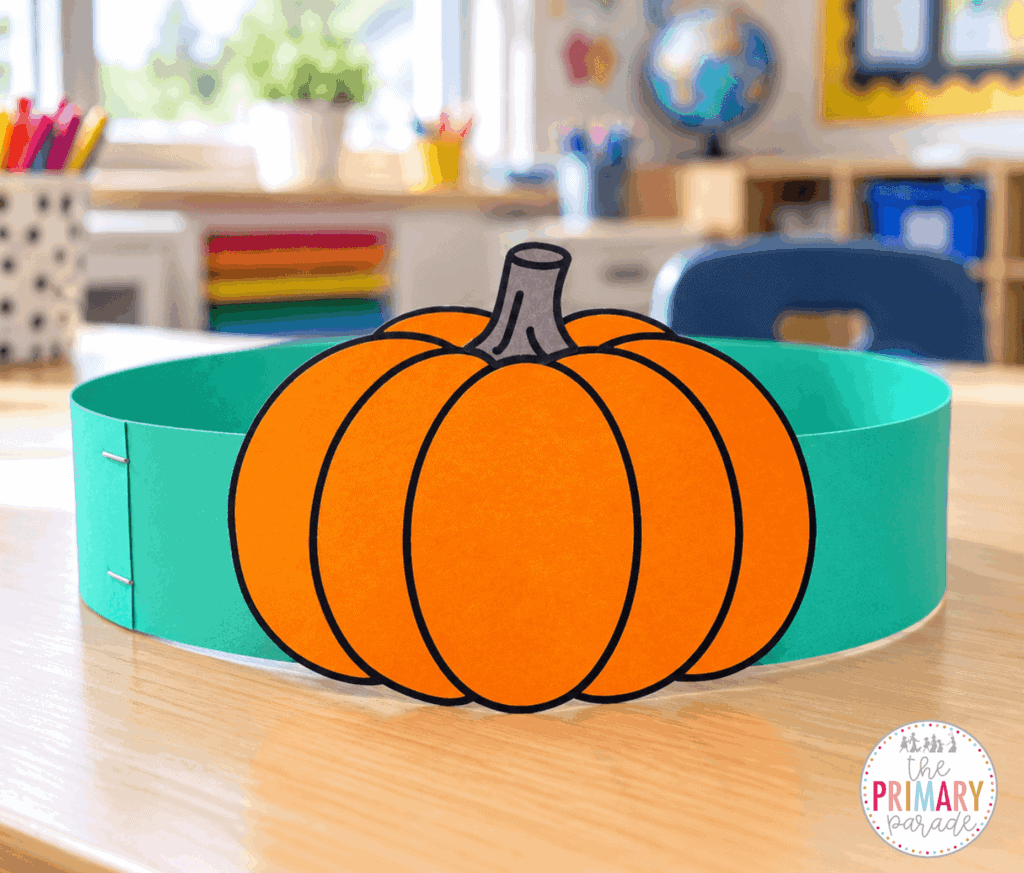 Assembled orange pumpkin headband with a teal paper band and stapled joins on a kindergarten teacher’s desk.