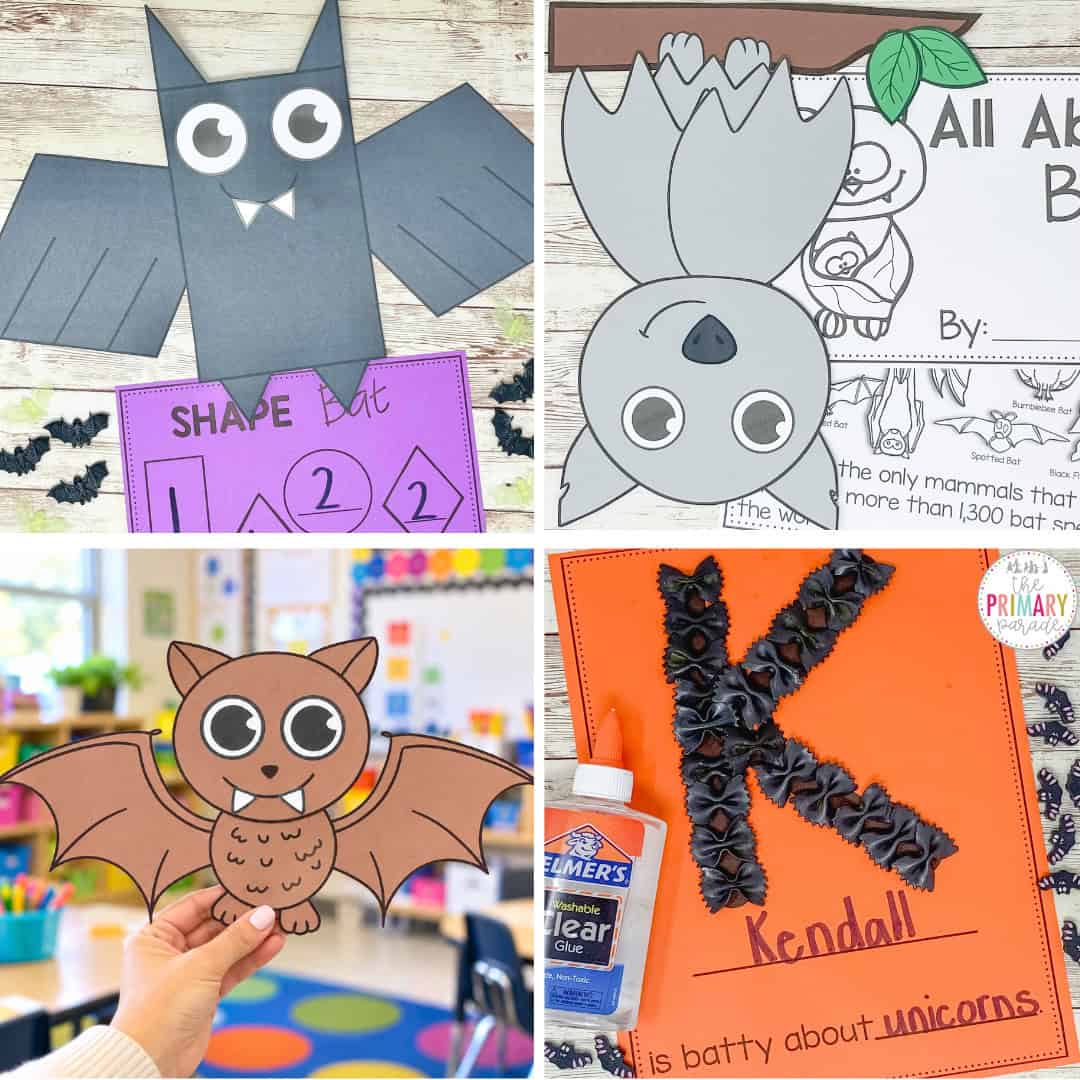 bat crafts for kids featuring a shape bat craft, All About Bats booklet, brown paper bat craft, Halloween bat-themed name craft and more.