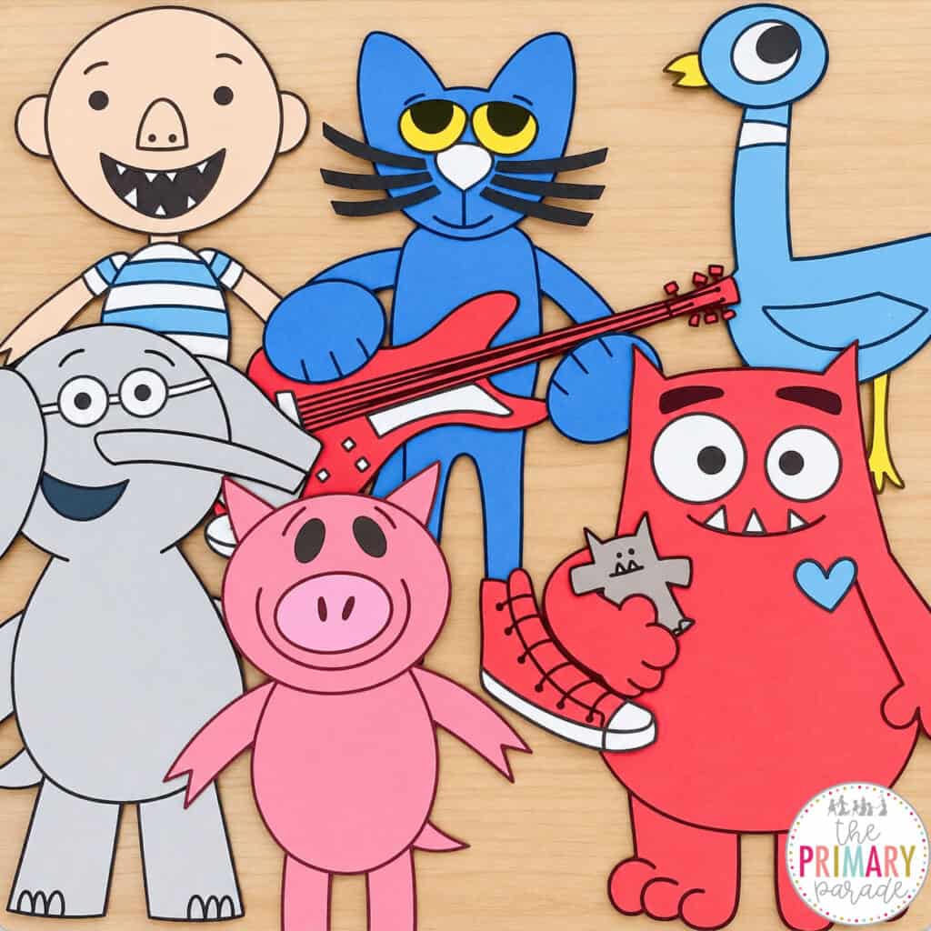Colorful book companion crafts for kindergarten featuring Pete the Cat, Pigeon, Elephant and Piggie, Fly Guy, and Love Monster characters.