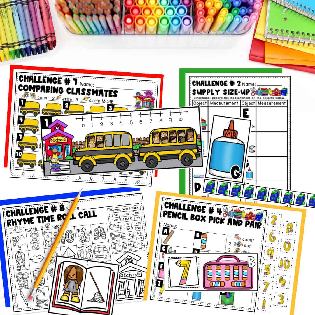 School-themed literacy and math centers with counting, measuring, rhyming, and number-matching printables from The Learning Club.