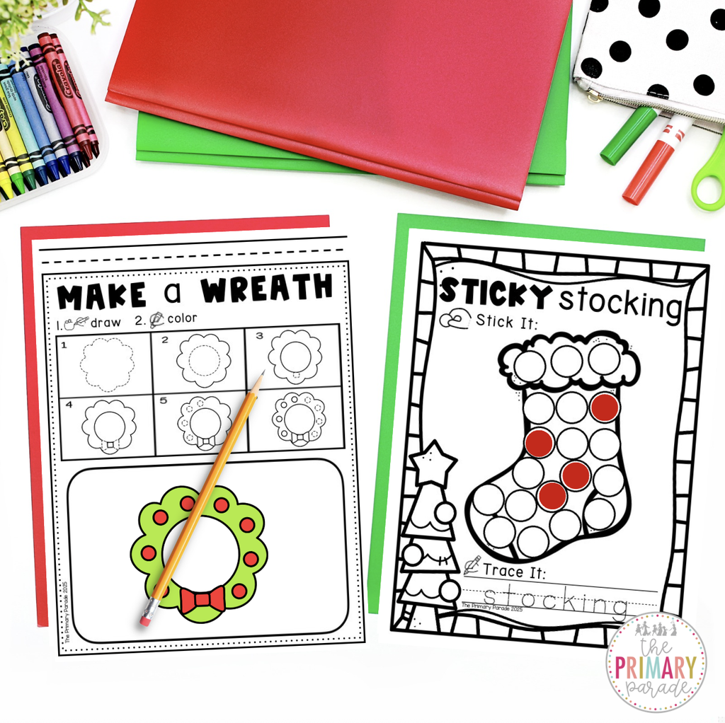 Easy fine motor activities for kids to do this holiday season including playdough mats, sticker pages, directed drawings, qtip pages and more.