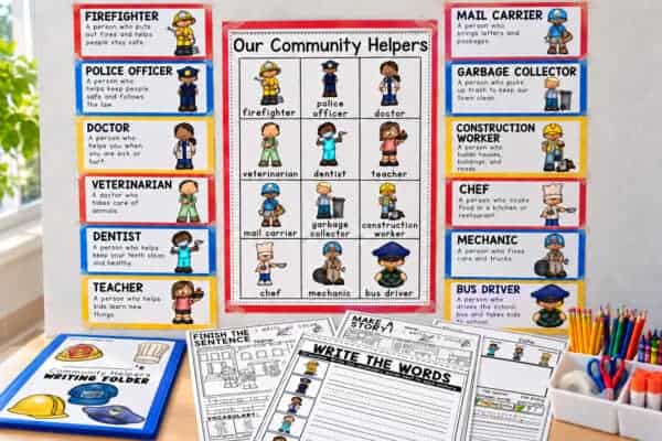 Community helpers writing center printables for kindergarten