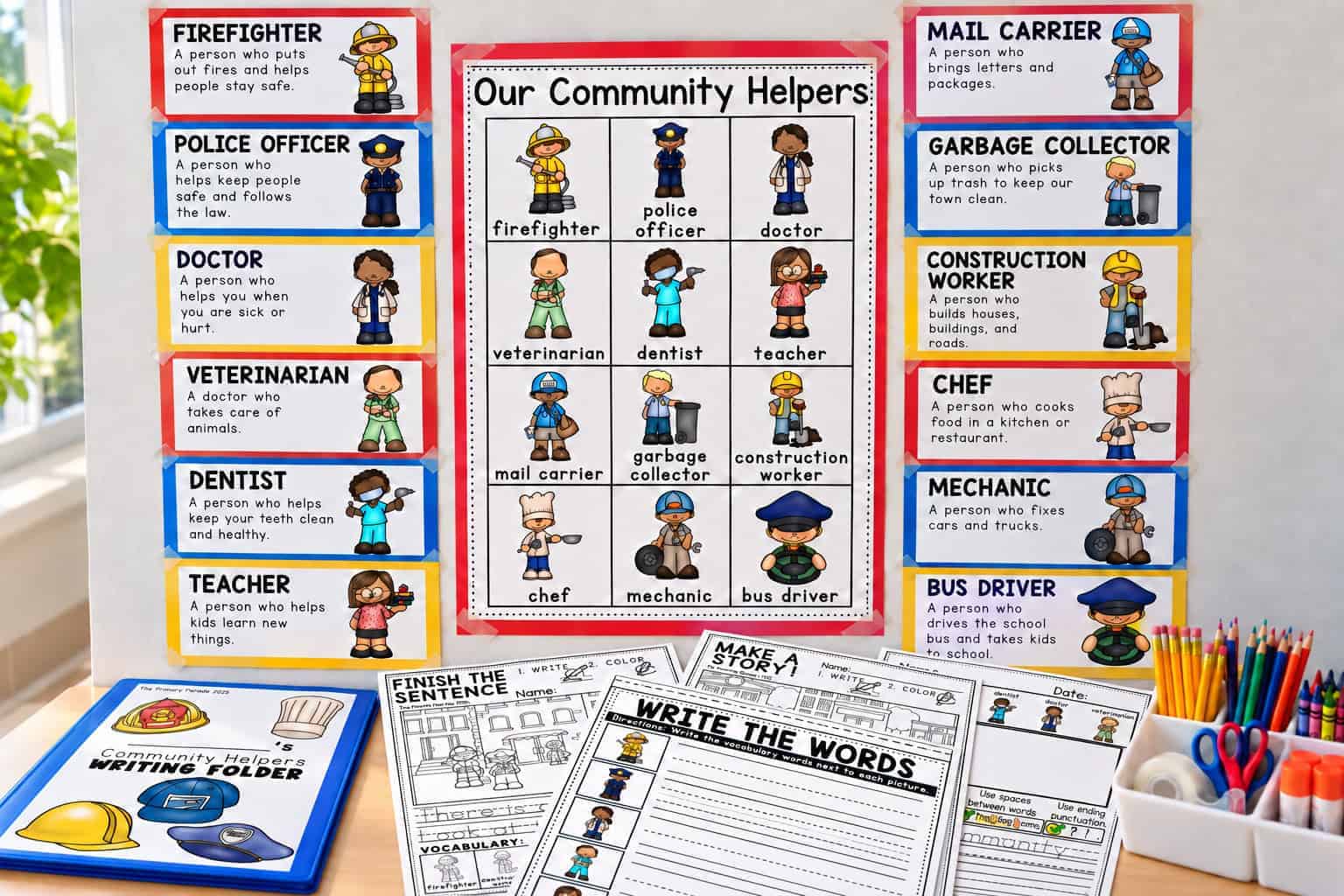 Community helpers writing center printables for kindergarten