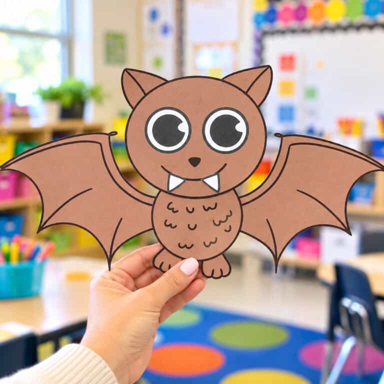 Brown paper bat craft with large wings, googly-style eyes, and white fangs held by a teacher in a kindergarten classroom.